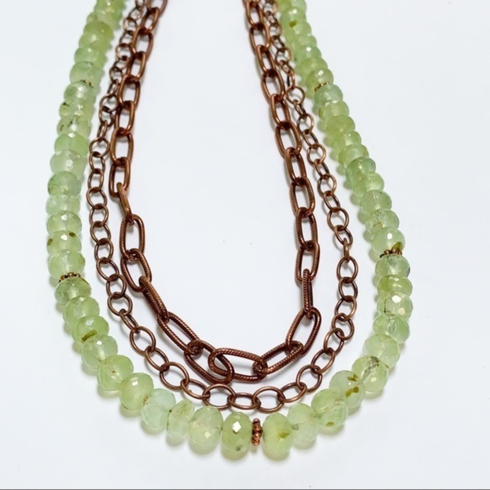 Green Gemstone (Prehnite) Copper Multi Strand Necklace Adjustable 17-19”